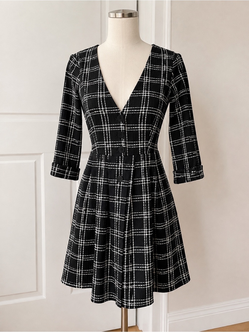 Zara TRF Black White Plaid Fit & Flare Mini Dress XS